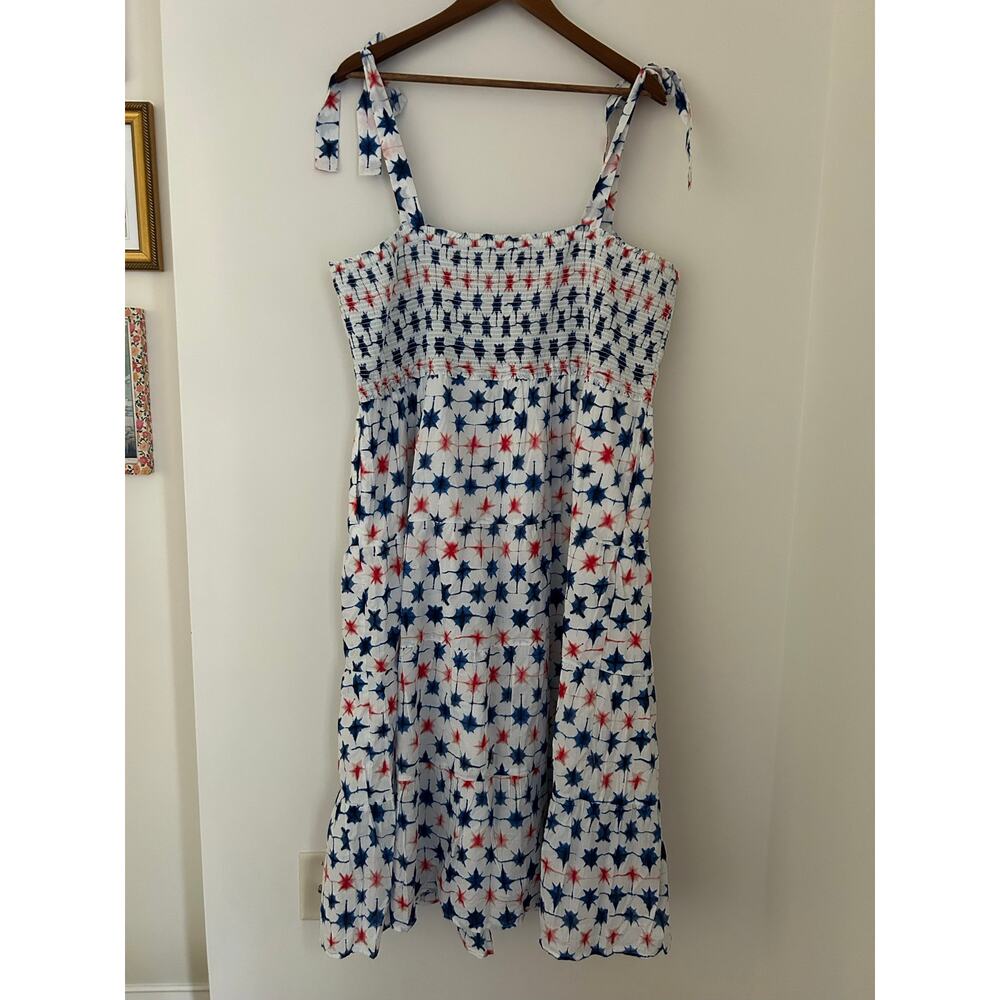 J Crew Red White Blue Maxi Tiered Smocked Tie Shoulder Dress Cotton Fireworks 2X - Picture 9 of 11